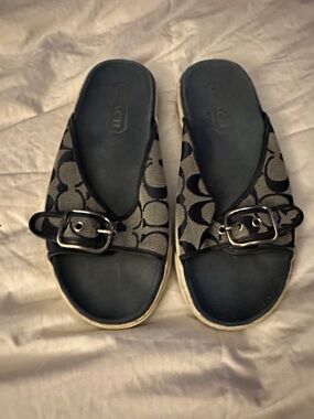 Coach Monogram Navy and Gray Buckle Slide Sandals